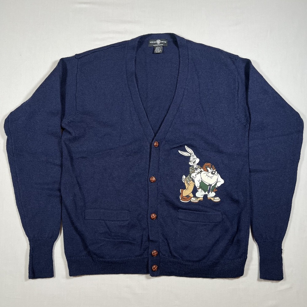 Vintage 1995 Warner Bros Studio Store Men's L 100% Wool Bugs Bunny Taz Cardigan